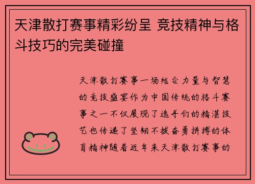 天津散打赛事精彩纷呈 竞技精神与格斗技巧的完美碰撞
