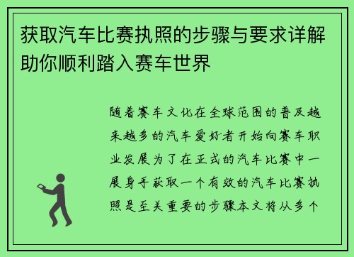 获取汽车比赛执照的步骤与要求详解助你顺利踏入赛车世界